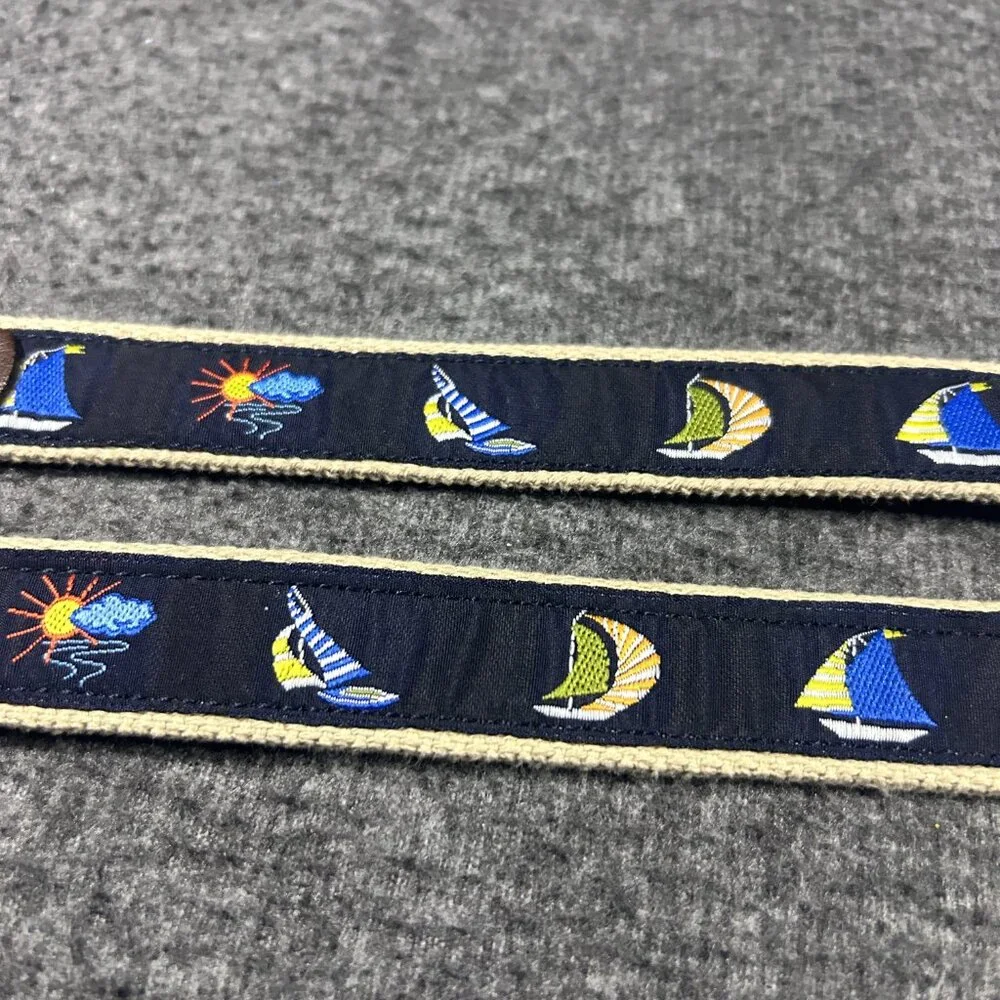 Vintage Kids Sailboat Belt Canvas Embroidered Navy Blue Brass Buckle XS Lot of 2